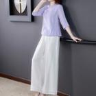 Set: Elbow-sleeve Cheongsam Top + Wide Leg Pants