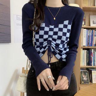 Checkerboard Panel Drawstring Knit Crop Top