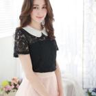 Short-sleeve Panel-collar Lace Top