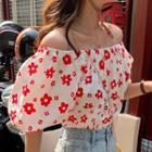 Floral Cold Shoulder Elbow-sleeve Top Red - One Size