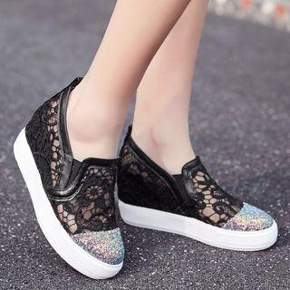 Lace Panel Glitter Cap Toe Hidden Wedge Platform Loafers