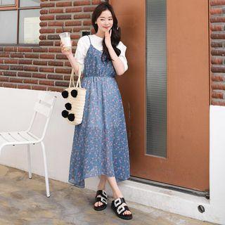 Spaghetti-strap Gathered-waist Long Chiffon Dress