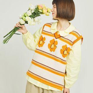 Flower Print Striped Knit Vest Tangerine & White - One Size