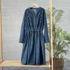 Long-sleeve A-line Denim Dress Denim Blue - One Size
