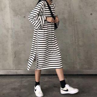 Long-sleeve Striped Midi T-shirt Dress Stripe - Black & White - One Size