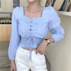 Lace-up Front Smocked Waist Cropped Top