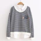 Mock Two-piece Long-sleeve Embroidered Striped T-shirt