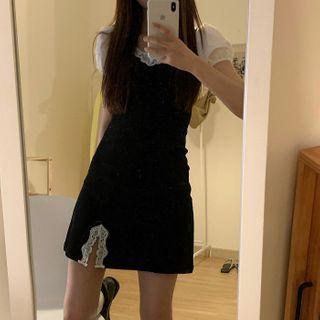 Puff-sleeve Lace Trim Slim Fit Split Dress Black - One Size