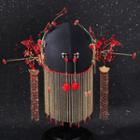 Set: Wedding Butterfly Headpiece + Hair Stick + Fringed Earring Set - Gold & Red - One Size