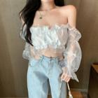 Off-shoulder Ruffle Trim Mesh Panel Crop Top White - One Size