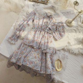 Layered Collar Floral Long-sleeve Chiffon Midi A-line Dress