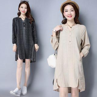 Split-neck Slit Linen Cotton Long Top