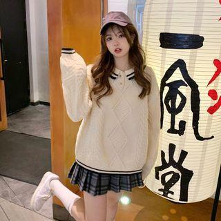 Striped Trim Cable Knit Polo Sweater White - One Size
