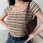 Cropped Square-neck Striped Short-sleeve Top