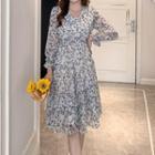 Long-sleeve Collared Floral A-line Chiffon Dress