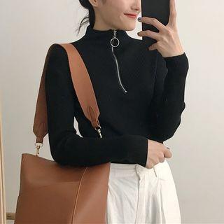 Ring-accent Mock-neck Slim-fit Long-sleeve Knit Top