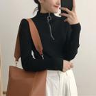 Ring-accent Mock-neck Slim-fit Long-sleeve Knit Top