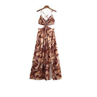 Strappy Retro Print Cutout Midi A-line Dress