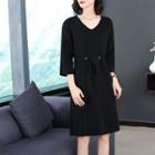 3/4-sleeve V-neck Tie-waist Knit Dress