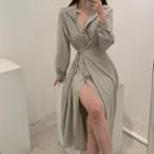 Puff-sleeve Buckled Midi A-line Dress