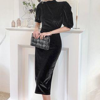Velvet Short-sleeve Midi Sheath Dress