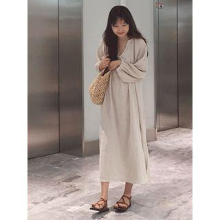 Open-placket Linen Blend Long Dress