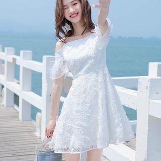 Cold-shoulder Short-sleeve Mini A-line Fringed Dress