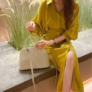 Plain 3/4-sleeve Midi A-line Shirtdress As Shown In Figure - One Size