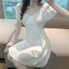 Eyelet Short-sleeve Cutout Mini A-line Dress White - One Size