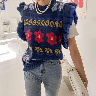 Cap-sleeve Frilled Floral Vest Navy Blue - One Size