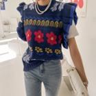 Cap-sleeve Frilled Floral Vest Navy Blue - One Size