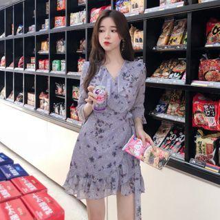 Floral Ruffle Trim Elbow-sleeve Mini A-line Dress Purple - One Size