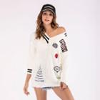 Printed Distressed Long-sleeve V-neck Knit Sweater White - One Size
