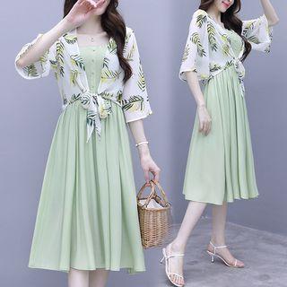 Set: Plain Sleeveless Midi A-line Dress + Leaf Print Elbow-sleeve Cropped Light Jacket