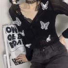 Butterfly Applique Button-up Crop Knit Top