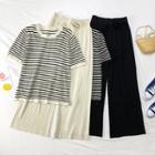 Set: Striped Summer-knit Top + Wide-leg Pants