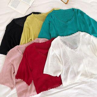 Plain V-neck Cut Out Short-sleeve Knit Top