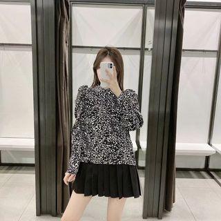 Mock-turtleneck Shirred-sleeve Leopard Print Blouse