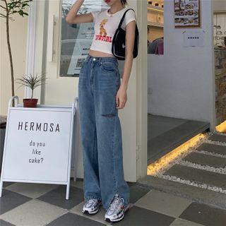 Slit-hem Distressed Wide-leg Jeans
