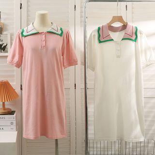 Colorblock Puff-sleeve Loose Polo Dress