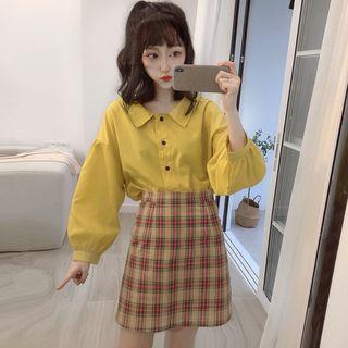 Collared Lantern-sleeve Shirt / Plaid Mini A-line Skirt