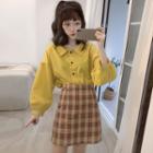 Collared Lantern-sleeve Shirt / Plaid Mini A-line Skirt