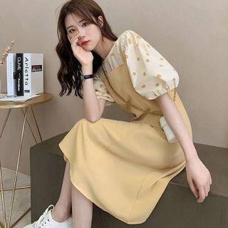 Set: Puff Sleeve Crew Neck Dotted Blouse + Square Neck Plain Overall Dress