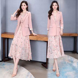 Set: Spaghetti-strap Floral Print A-line Dress + Single Buttoned Blazer