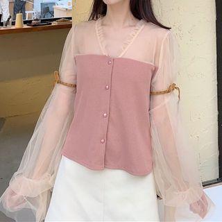 Long-sleeve Mesh Panel Button-up Top