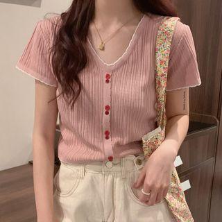Contrast-trim Button-detail Short-sleeve Top