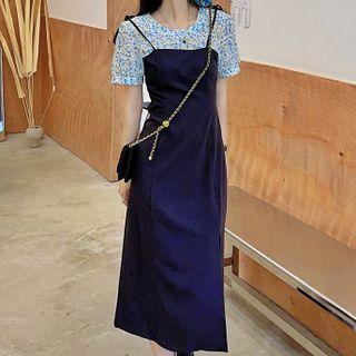 Short-sleeve Mock Two-piece Flower Print Midi Dress Blue & Yellow & White & Black - One Size