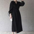 Long-sleeve V-neck A-line Midi Dress Black - One Size