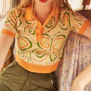 Short-sleeve Butterfly Print Polo Knit Top