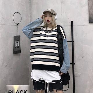 Striped Denim Panel Pullover As Shown In Figure - One Size